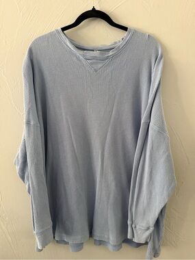 Free People Blue Waffle Knit Thermal Top Size S Oversized Long Sleeve